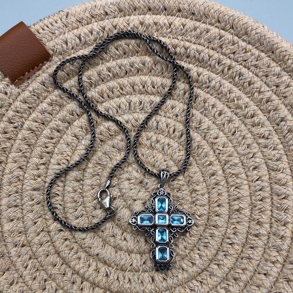 Sterling silver 925 topaz gemstone cross with rope chain necklace - unisex